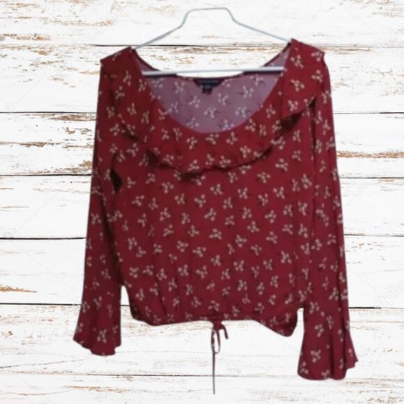 American Eagle Outfitters cropped dark red long bell sleeves blouse tunic - Picture 1 of 13